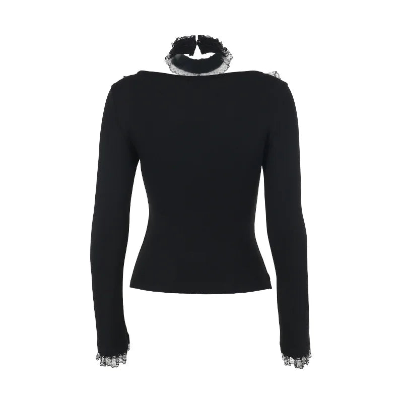 Goth Black Lace Trim Long Sleeve Vintage Lace-up Square Collar Elastic Tops with Choker Cross
