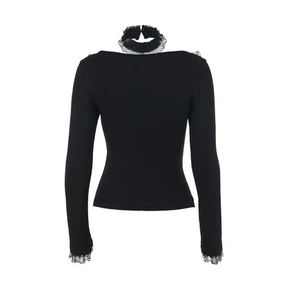 Goth Black Lace Trim Long Sleeve Vintage Lace-up Square Collar Elastic Tops with Choker Cross