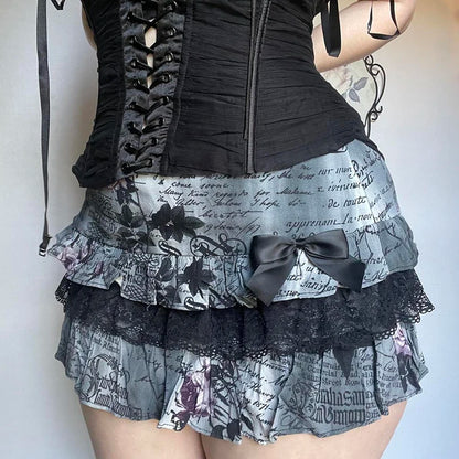 Gothic Aesthetic Short Skirt y2k Print Lace Patchwork Low Rise A-line Mini Skirts Black Bow Stitching Skirt Lady Vintage