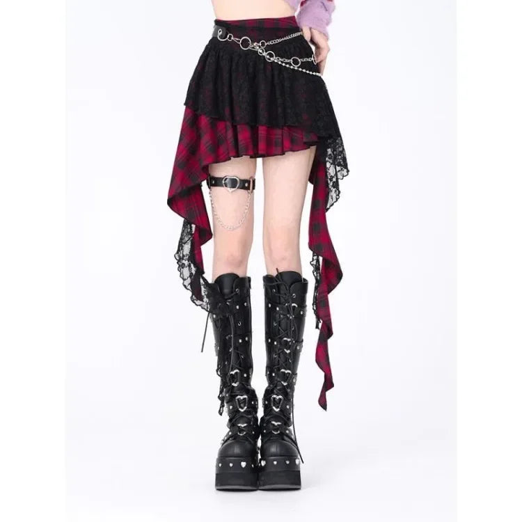 Jupe Lace Plaid Saia High Waist Irregular Mini Skirts