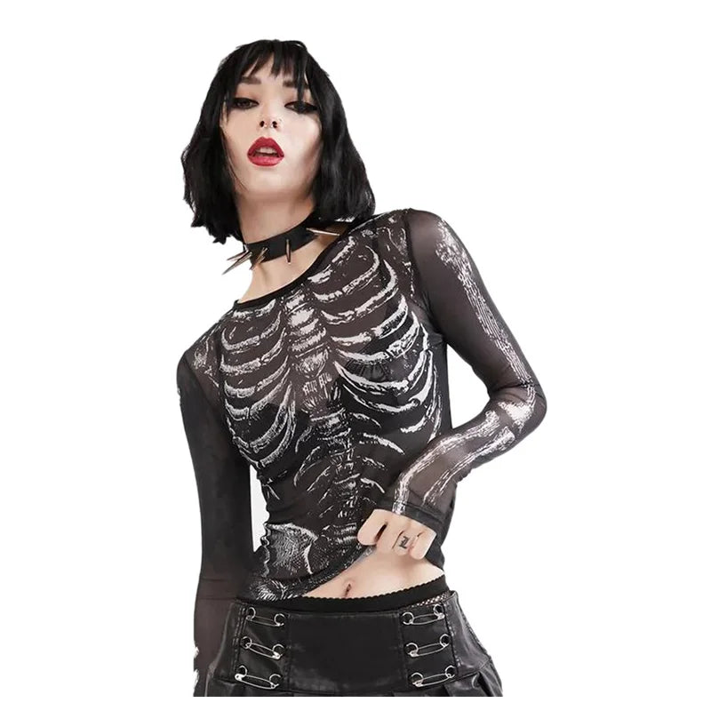 Gothic Skeleton Pattern Round Neck Long Sleeve