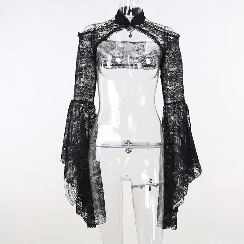 Dark Black Goth Vintage Flared Sleeve Lace Shoulder Cover