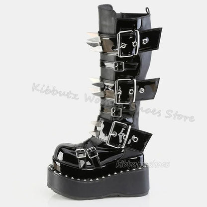 Gothic Boots Knee High Platform Punk Rock Belt Buckle Novelty Leather Thick Bottom