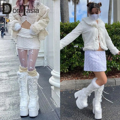 Ladies Goth Platform Boots Fashion Zip Faux Fur Chunky High Heels women's Boots Party Street Autumn Winter Woman Shoes