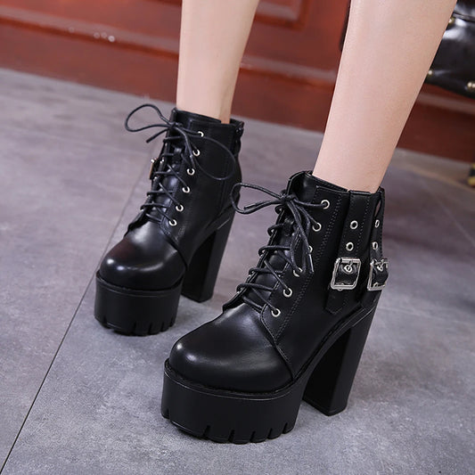 Gdgydh Goth Heeled Boots for Women Nightclub High Platform Heels Shoes Fashion Belt Buckle Short Boots with Zipper