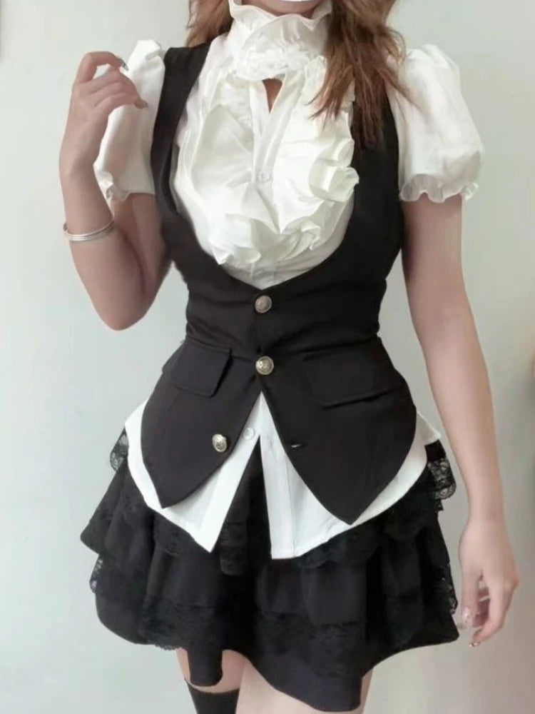 Gothic Preppy Style Design Short Sleeve 3-piece Set Women Fashion Y2k High-waist Black Short Skirt Suit Summer New Slim Outfits