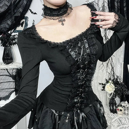 Goth Black Lace Trim Long Sleeve Vintage Lace-up Square Collar Elastic Tops with Choker Cross