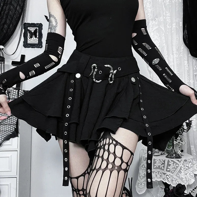 Gothic Punk Asymmetrical Skirt - Women's Heavy Metal Retro Mini Skirt, Dark Alternative Fashion,Edgy Streetwear