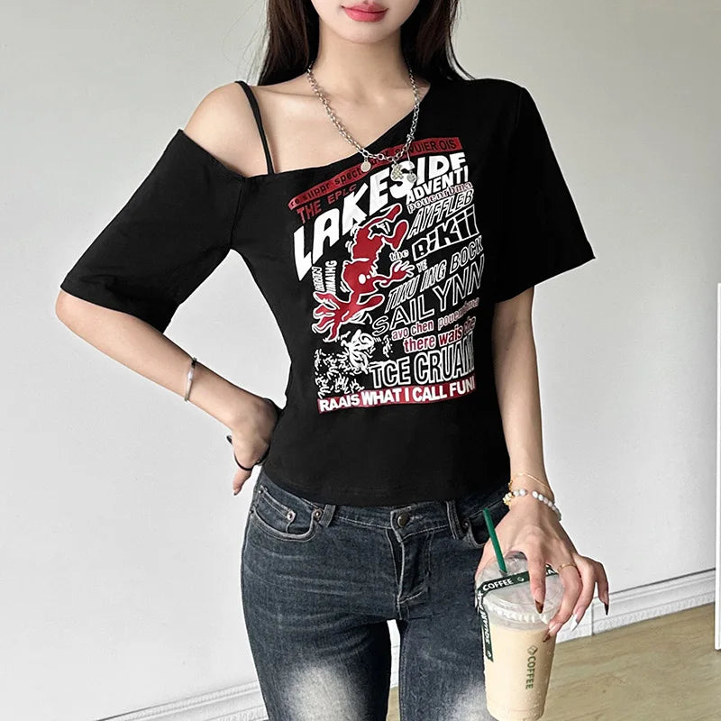 Gothic Print Tee Off Shoulder