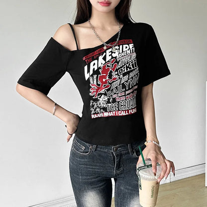Gothic Print Tee Off Shoulder