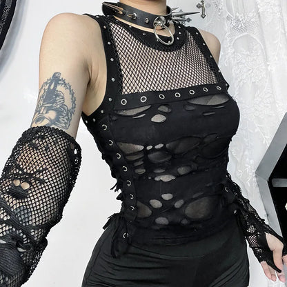Gothic Crop Tops Tanks Trendy Camisole Fishnet Backless  Vest
