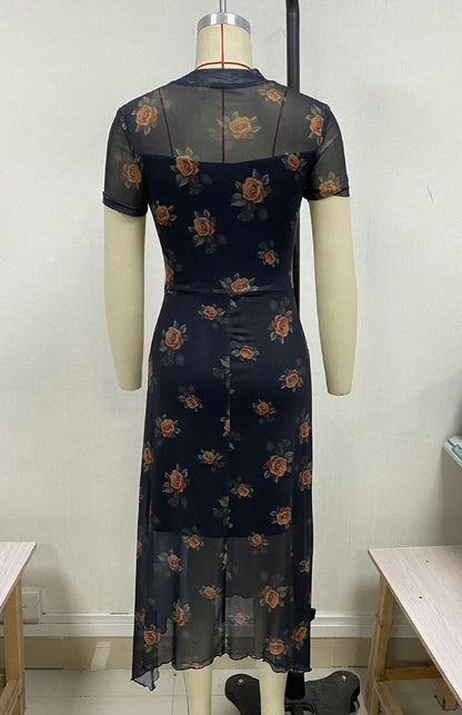 Goth Dark Elegant Fashion Florals Print Short Sleeve Mid Dress Fairy Double Layer Dresses
