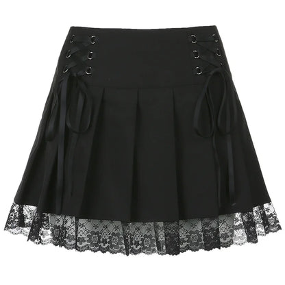 Goth Skirt Lace Up Mesh Trim Stitching Women Pleated Skirts Y2K Aesthetic High Waist Retro Streetwear Short Skirt