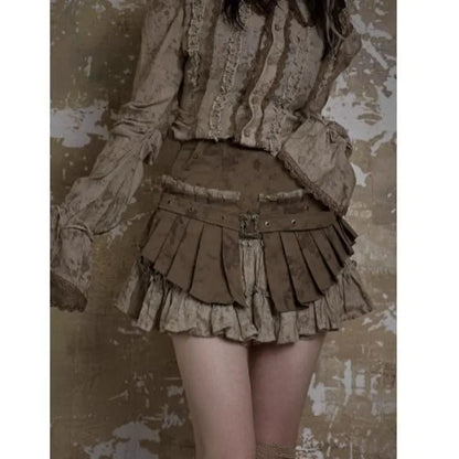 Fashion Heavy Vintage Ruched Skirt for Women 2025 Summer New High Waist Skirts Y2k Fake Two Piece All-match Faldas Mujer
