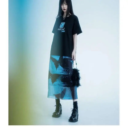 KOSAHIKI Gothic Pleated Skirts Womens Blue Saia Black Butterfly Print High Waist Skirt Woman Y2k Faldas Mujer Moda 2025 Korean