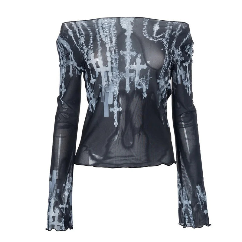 Goth Graphic T Shirts See Through Mesh Top Long Sleeve