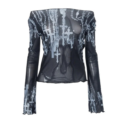 Goth Graphic T Shirts See Through Mesh Top Long Sleeve