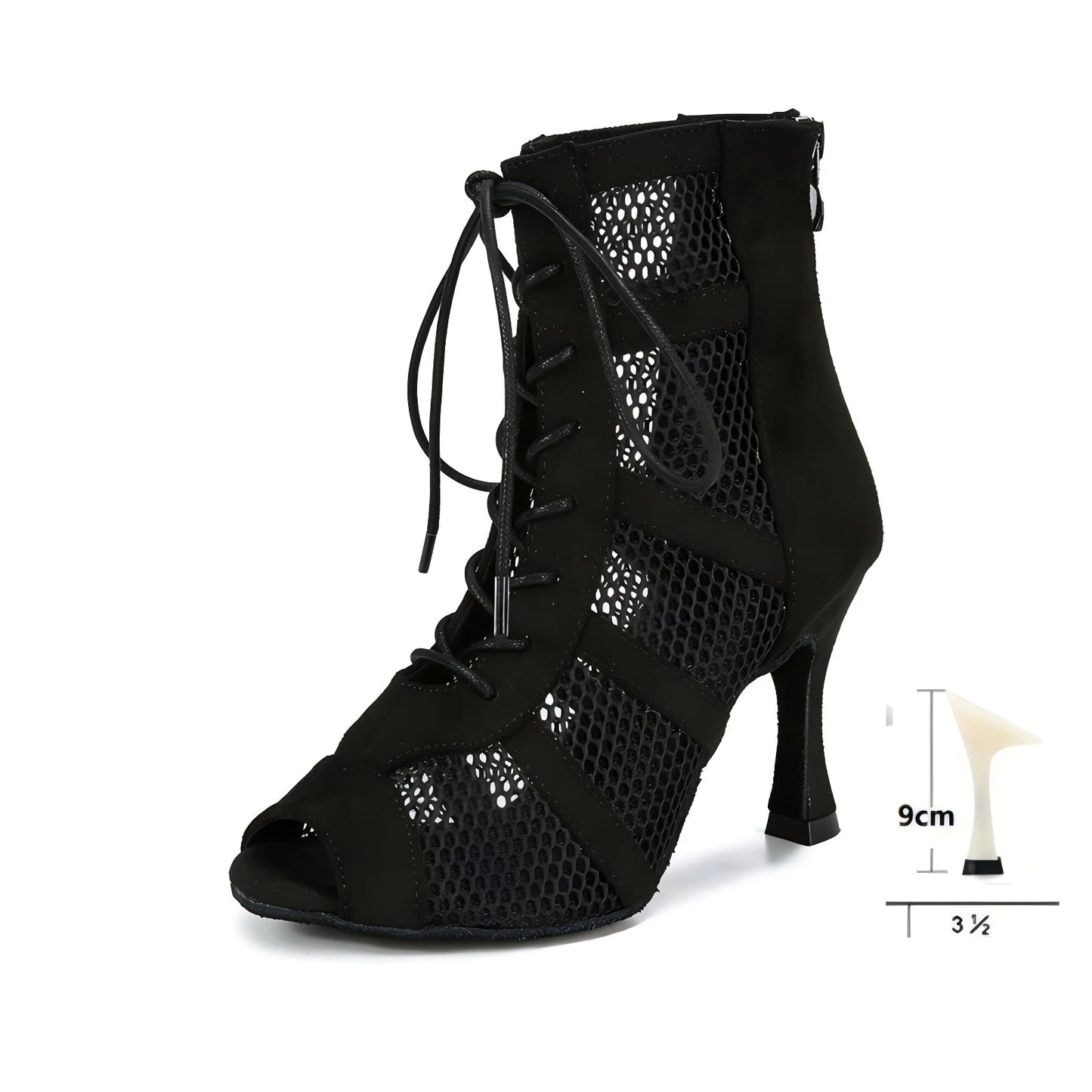 Black fashionable Latin dance boots, black mesh suede zipper lace-up sexy high-heeled dance shoes