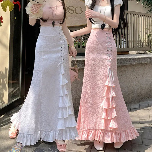 Gothic Long Skirt Punk Fishtail Tied Waist Printed Half Skirt