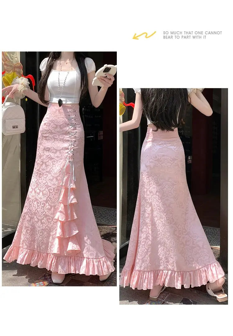 Gothic Long Skirt Punk Fishtail Tied Waist Printed Half Skirt
