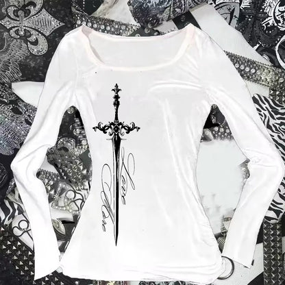 Harajuku Aesthetics Punk Letter cross Print Y2K T-shirt Hip Hop Streetwear Baby Tee Fashion Goth High Street Long sleeve Tops