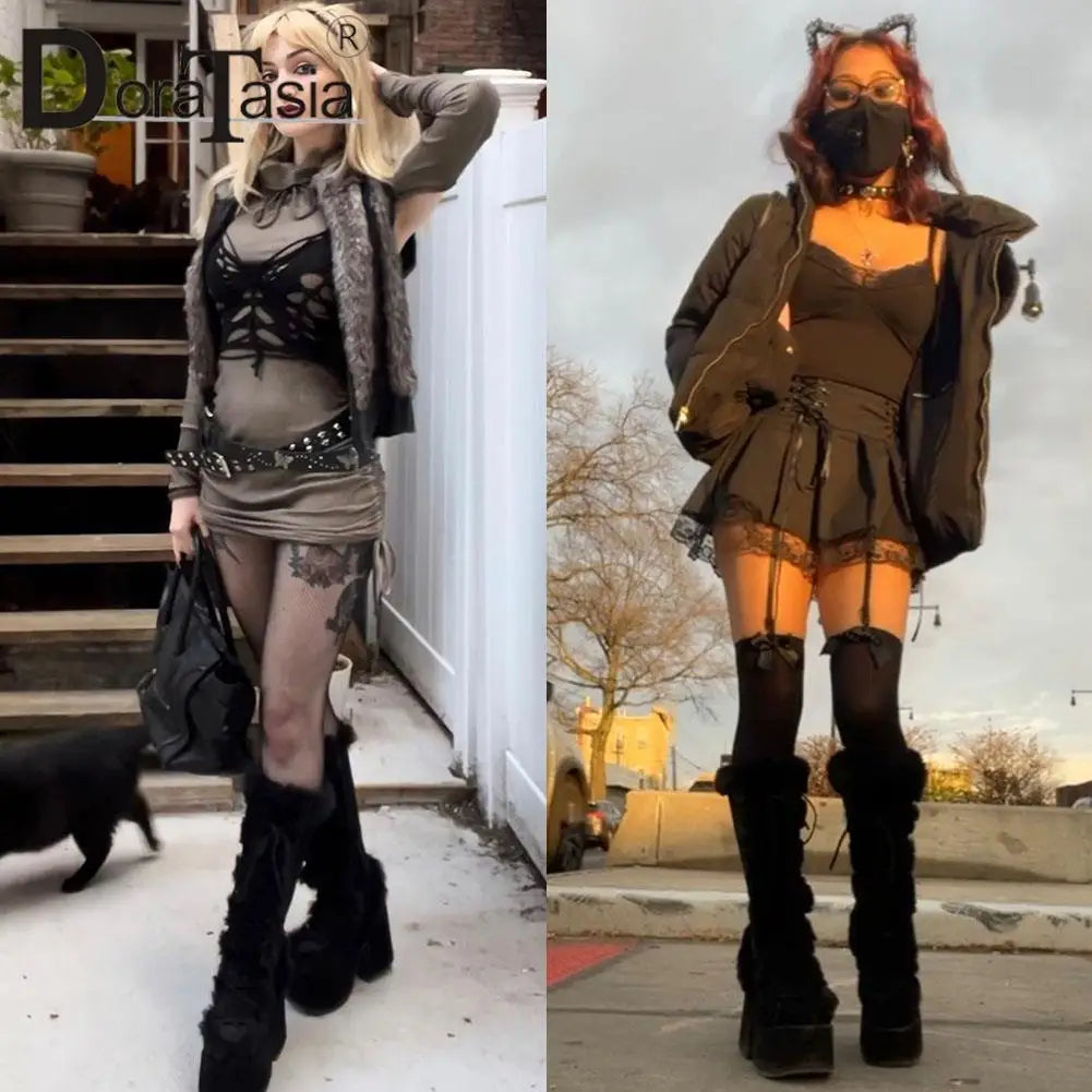Ladies Goth Platform Boots Fashion Zip Faux Fur Chunky High Heels women's Boots Party Street Autumn Winter Woman Shoes
