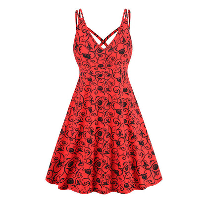 V-neck Strap Halloween Printed Pumpkin Flowers Bat Gothic Dress