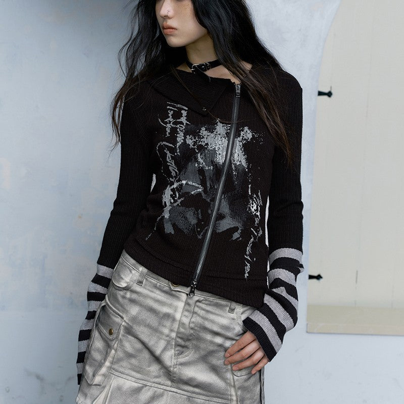 Graffiti Printing Zipper T-shirt Retro Gothic Irregular Top