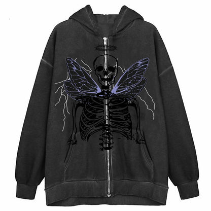 Street Hip Hop Goth Harajuku Black Zip Hoodie Women