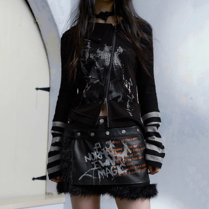 Graffiti Printing Zipper T-shirt Retro Gothic Irregular Top